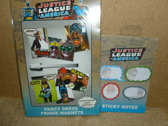 Justice League Fancy Dress Fridge Magnets & Sticky Notes Set. Super Hero Gift