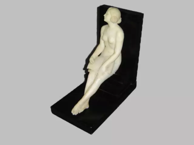 Great Antique Art Deco Nude Lady Alabaster Marble Sculpture On Black Slate Stand