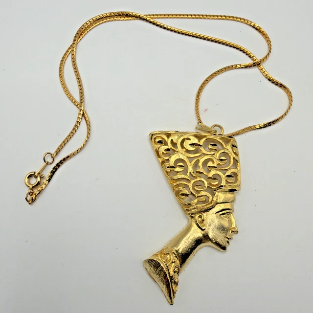Pendentif Et Chaîne Vintage En Argent Sterling 925 - Thème égyptien Néfertiti - Occasion Antique