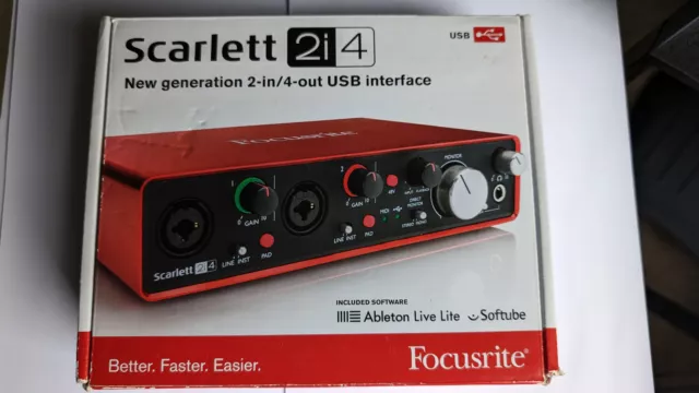 Focusrite Scarlett 2i4 2nd Gen Audio/Midi Interface - Red boxed with USB cable