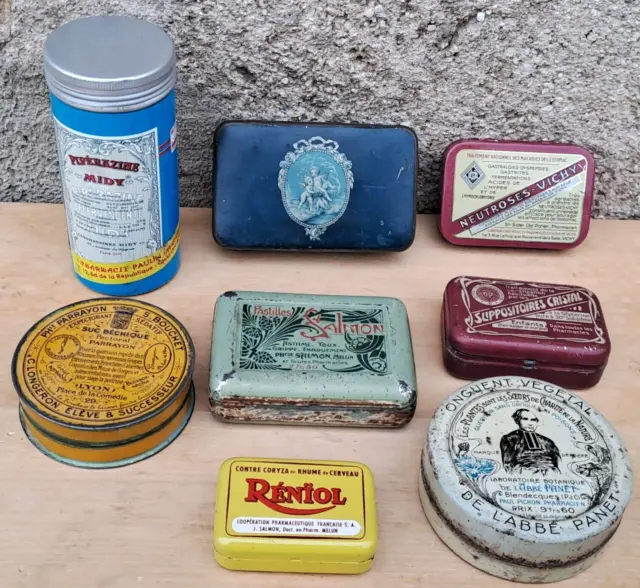 Lot Anciennes Boîtes fer publicitaires Pharmacie Apothicaire Médicament Vintage