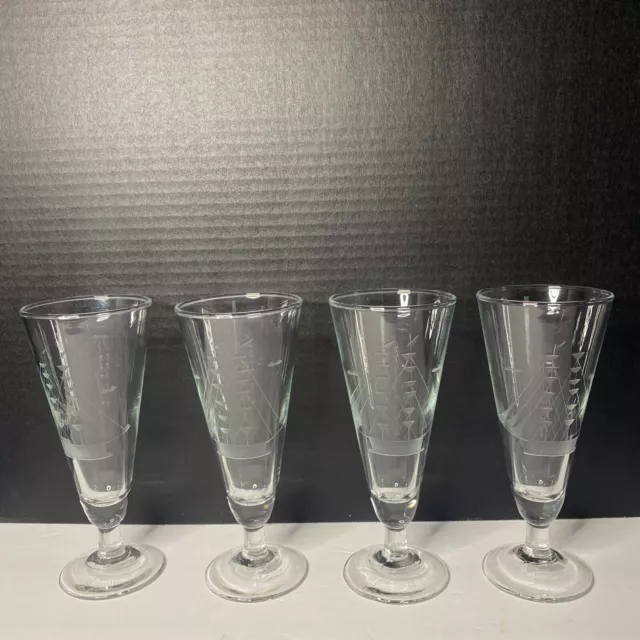 Tiffin Franciscan Pilsner Etched Glass Sail Boat Birds Stemware Vintage Set of 4