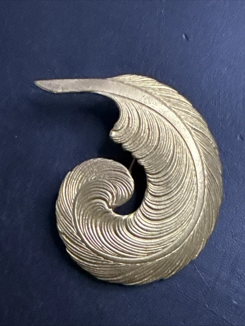 Broche Ancienne Plaqué Or 18k Style Art Déco/Nouveau Motif Plume - Occasion - Pièce Vintage