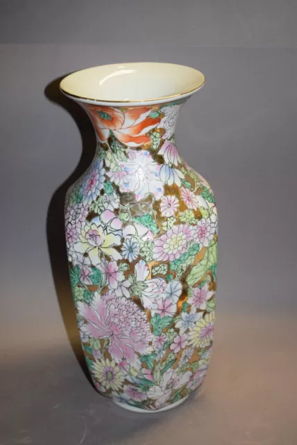 6-eckige Porzellan Vase-China, Milles Fleurs, 24K Gold, Bodenmarke, 36cm