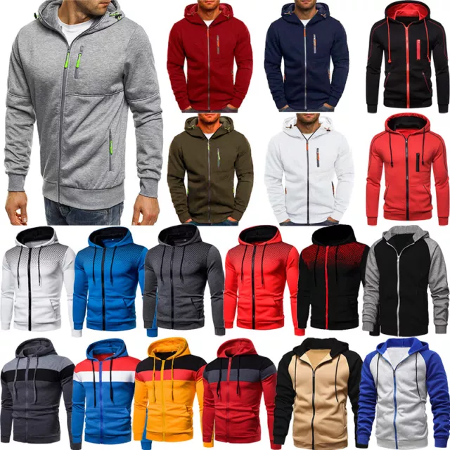 Mens Zip Up Hoodie Jacket Plain Full Zipper Hooded Fleece Sweatshirt Athletic *
