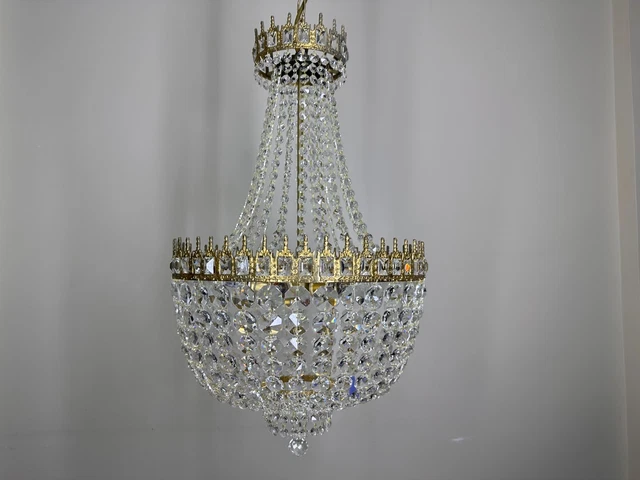 Antique Vintage French Crystals & Brass Chandelier Ceiling Lamp Lighting Fixture