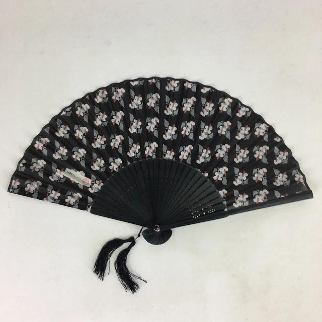 Japanese Folding Fan Vtg Sensu Black Fabric Bamboo Frame White Flower 4D560