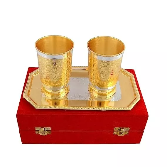 Elegant Designer Antique Silver Gold Plated Brass Drinking Water Glass Tray 3Pcs