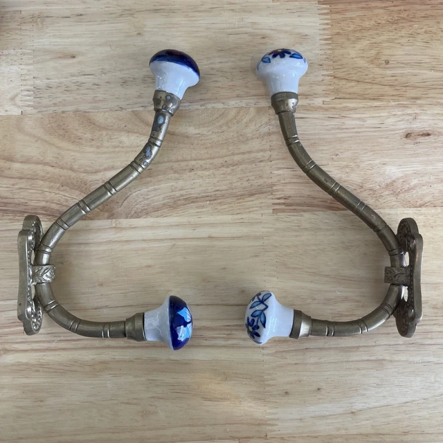 Pair  Vtg Solid Brass Porcelain Knobs Wall Mount Hat Coat Towel Hanger Hook