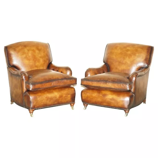 Fully Restored Pair Of Antique Howard & Son Bridgewater Brown Leather Armchairs