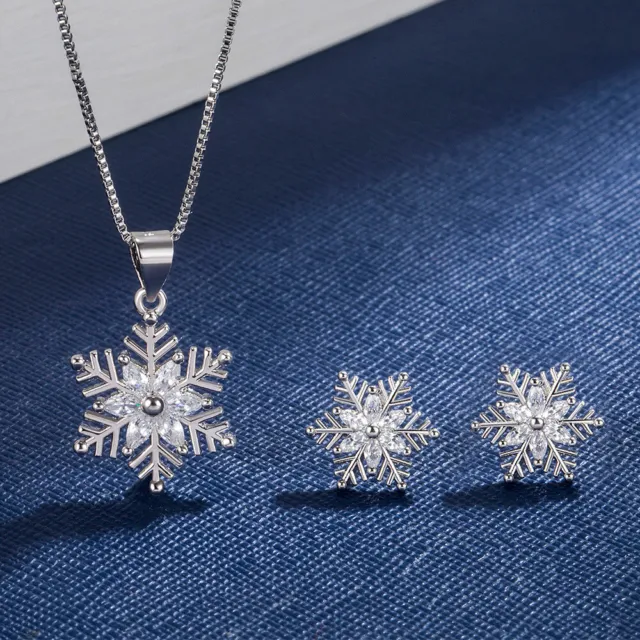 925 sterling silver necklace earrings crystal snowflake Christmas jewelry set