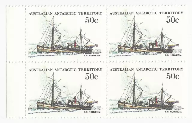 1979-1982 AAT ANTARCTIC SHIPS - SS NORVEGIO - MNH EDGE BLOCK of 4 x 50c STAMPS