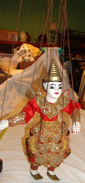 Vtg Thai Burmese Marionette Folk Art String Hanging Wooden Puppet Wood Antique