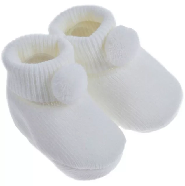 Cute Pair of White Newborn Baby Pom Pom Bootees by Soft Touch Girl or Boy Gift