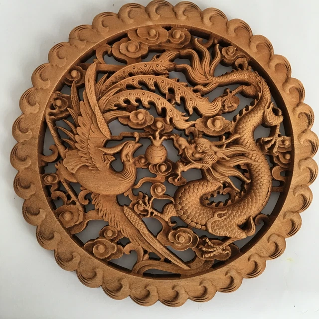 Chinese Hand Carved 龙凤呈祥 Statue Camphor Wood Round Plate Wall Sculpture