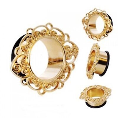 PAIR-Gold Plate Ornate Single Flare Ear Tunnels 25mm/1" Gauge Body Jewelry