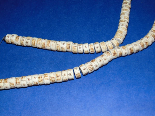 Hand Carved Etched White Wood Bead Strings 16 Inch Lot of 3 NOS 14
