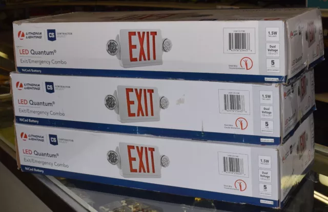 3-LOT Lithonia 2-Light LED White Exit Sign Emergency Combo Heads Red 186HU9