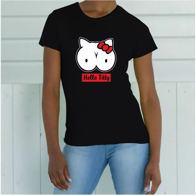 T-Shirt Maglietta Donna S - M - L - Xl Hello Titty Hello Kitty Funny Seno Hot