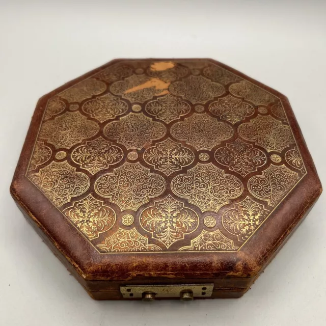 Vintage Antique Brown & Gold Leather Cased Manicure Set Box 9 Piece