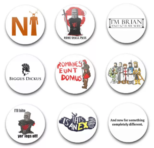 7 x Monty Python badges, buttons, pins (flying circus,life brian,meaning  life)