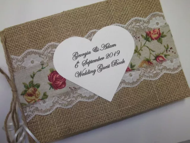 Personalised Vintage Wedding Guest Book Hessian & Rose Burlap Cover Handmade