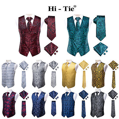 Yellow Gold Floral Solid Paisley Mens Silk Vest Classic Waistcoat Tie Square Set