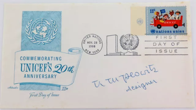 .1966 UNITED NATIONS UNICEF FDC signed by DESIGNER of 11c STAMP.