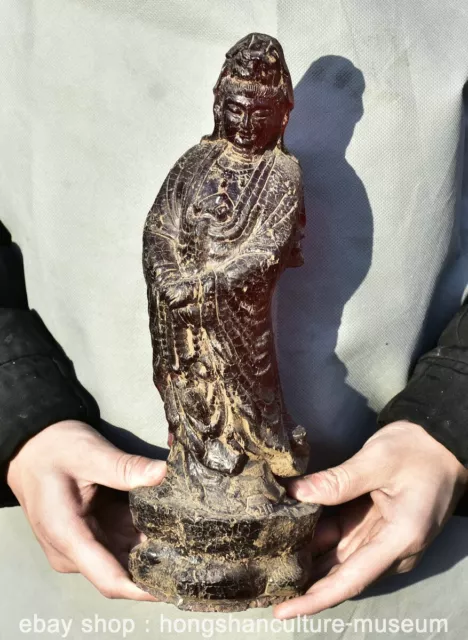 12.6" Old China Red Amber Carving Feng Shui Avalokitesvara Bodhisattva Statue