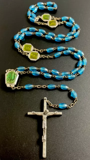 Vintage Catholic Ribbed Aqua Lourdes Rosary, Green Enameled Medals, Crucifix