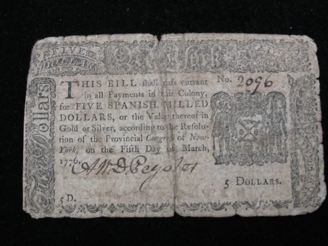 New York * 03-05-1776 * Five Dollars * Colonial Note * Well Worn * Splits