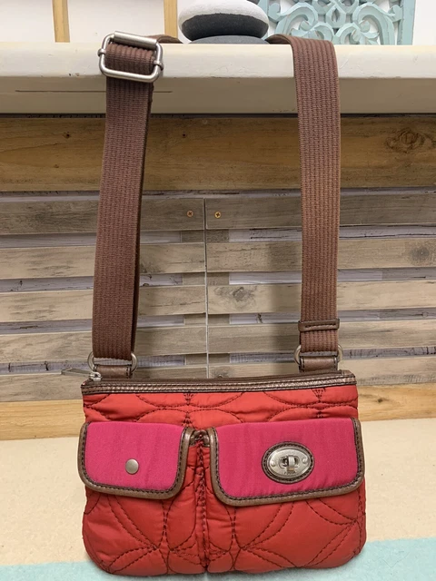 Fossil Key Per Red/Pink Quilted With Brown Trim Crossbody Bag- Adjustable Strap