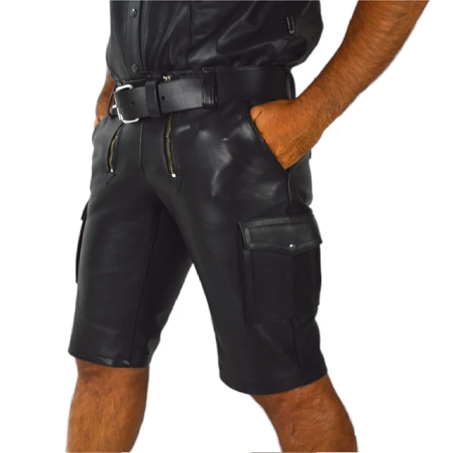 Awanstars Cargo Ledershorts – Kurze Lederhose, Zimmermanns-Stil, Glattes Rindleder, Schwarz, Bundweite 30-42