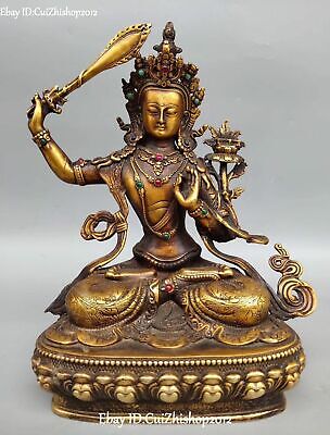 Tibet Buddhism Bronze Gold Gem Wenshu Manjushri Buddha Goddess Hold Sword Statue
