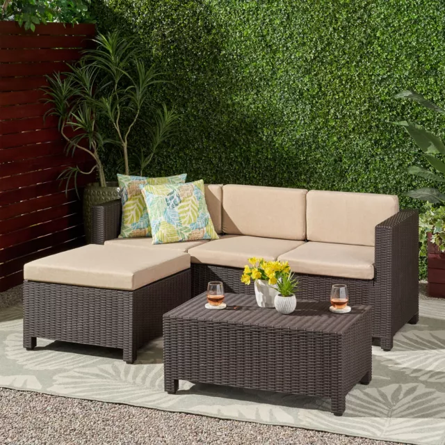 Riley Outdoor Faux Wicker Print 3 Seater Sectional Set with Ottoman