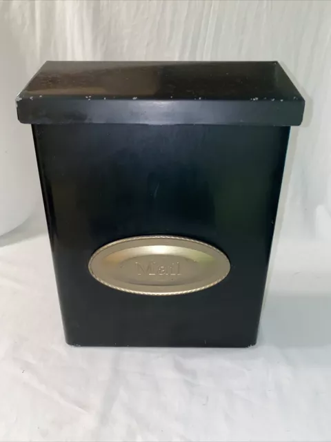 Vintage flip-top wall mounted black steel mailbox, brass front Badge 9.5”x12.5”