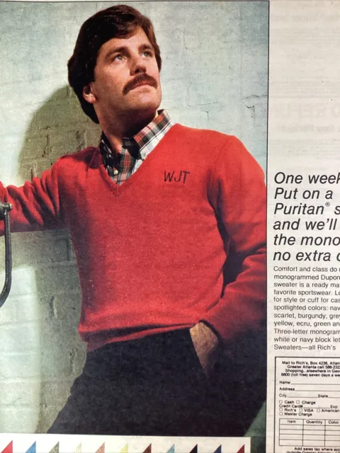 Atlanta GA Print Ad 1980 AJC Rich’s Handsome Mustache Man Sweater Puritan WJT