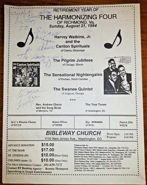 Black Gospel Quartet The HARMONIZING FOUR Signed & Inscribed Handbill/Flyer