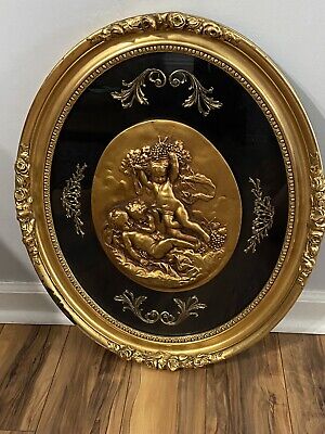 Vintage Large Oval Gold Frame With Roses - 3D Relief Cherubs Plaque