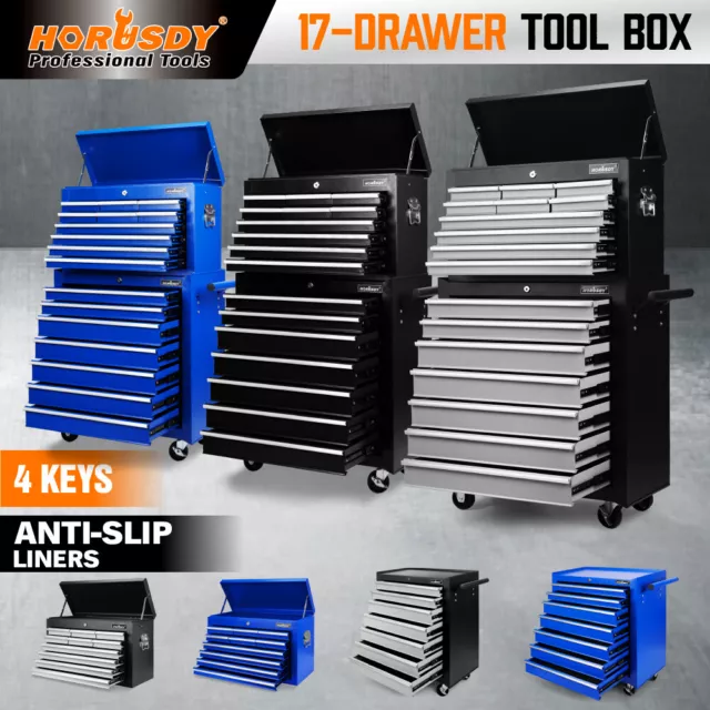 HORUSDY 17 Drawer Tool Box Trolley Cabinet Storage Cart Garage Toolbox Organiser
