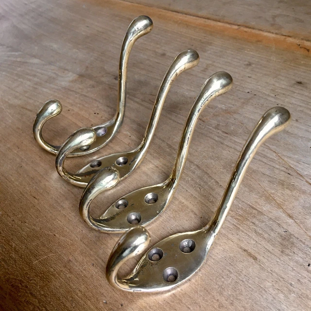 Set Of 4 Antique Brass Double Coat Hooks Victorian Vintage Reclaimed Old