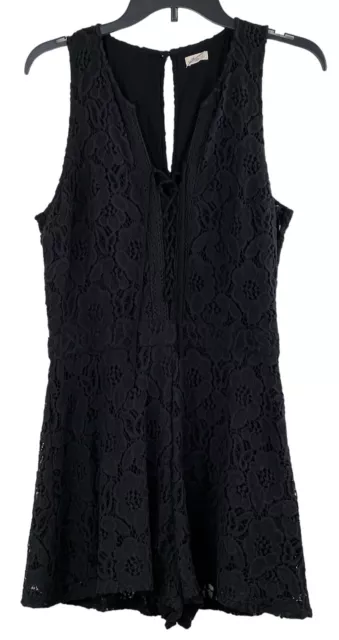 Hollister Womens Black Lined Crochet Tie Front V-Neck Key Hole Back Romper L