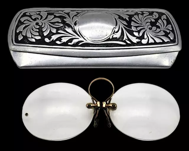 ANTIQUE Pair of Bifocal Glasses with Ornate Silver Case