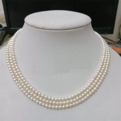 Triple Strand AAA 4-5mm Natural Akoya White Pearl Necklace 17-19 Inch 14k Gold P