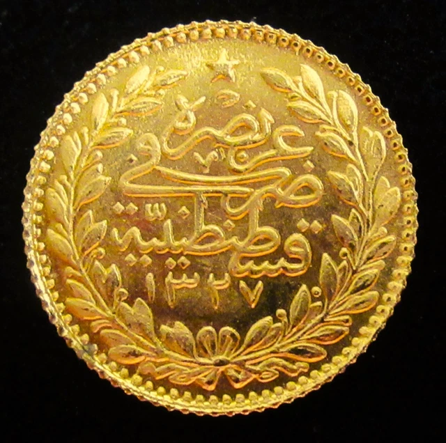 Turkey:  Gold 25 Kurush (Piastres) AH 1327 2 / 1910 AD - Mohammed V, Choice Unc