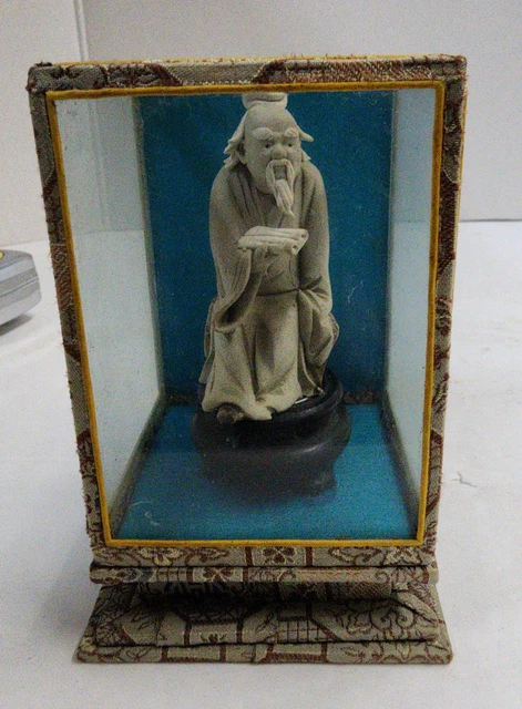 Vtg Carved Chinese Mudman w/ Scroll Asian Statue Figurine in Glass Display Box