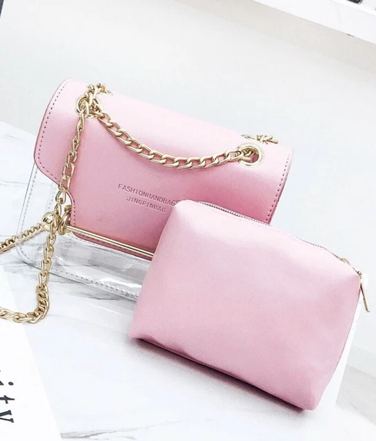 Cute Pink and Clear Transparent Small Chian Crossbody Bag With Inner Pouch 2
