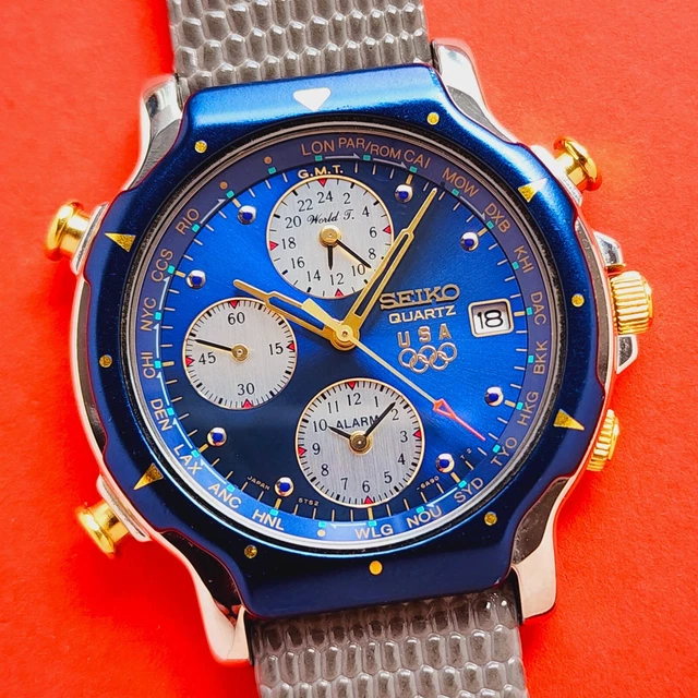 SEIKO WORLD TIMER Watch USA Olympics Rare Blue Dial GMT 5T52 6B09 Seiko world timer watch usa olympics rare blue dial gmt 5t52 6b09
