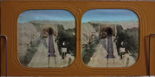 Chemin de fer Train Tunel Photographie Colorisée Diorama Stereo Vintage