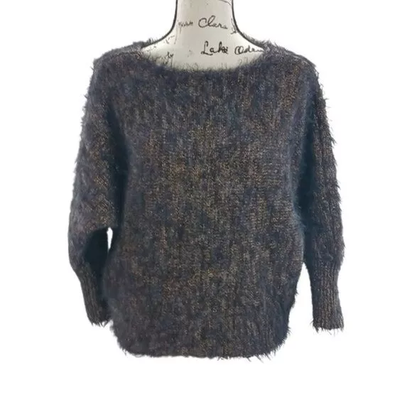 Jennifer Lopez Fuzzy Sweater Blue Metallic Long Sleeve Winter Womens Size M
